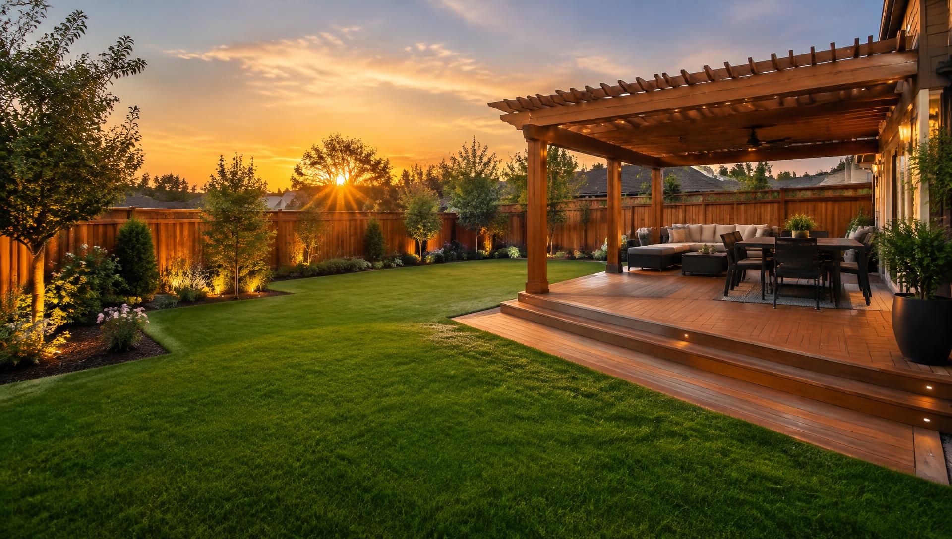 Backyard with cedar fence, deck and pergola at sunset